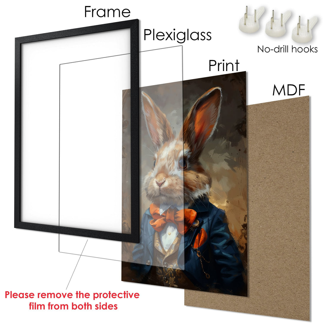 Framed Poster featuring a dapper rabbit in a blue suit, rich colors, and artistic style. Perfect wall art!