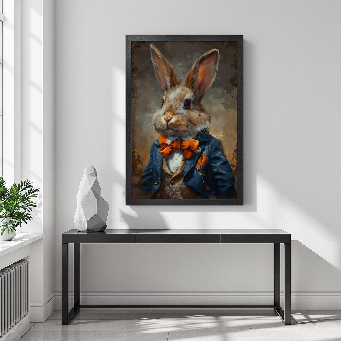 Framed Poster featuring a dapper rabbit in a blue suit, warm color palette. Perfect wall art for a unique home decor statement.