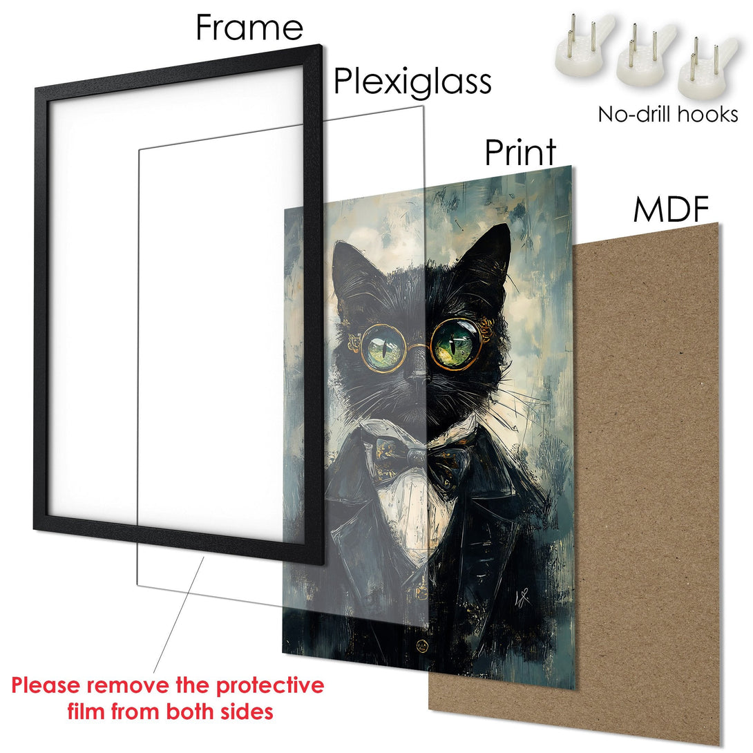 Framed Poster featuring a dapper cat in a black frame. Artistic style with a cool, muted color palette. Ready to hang!