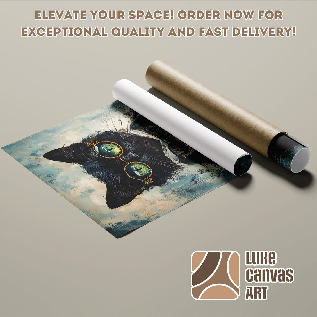 Poster Roll featuring a black cat portrait with gold glasses, artistic style, blue and brown palette.