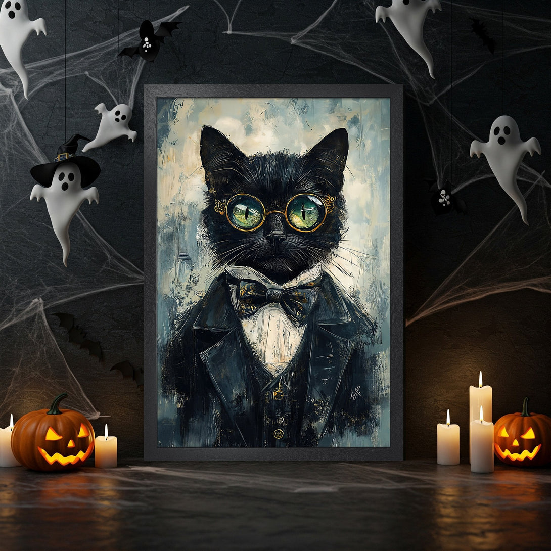 Framed Poster of a dapper black cat in a Halloween setting. Artistic style with a dark, moody color palette. Perfect spooky decor!