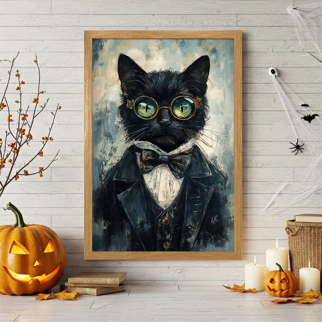 Framed Poster featuring a dapper black cat in a suit, art deco style, on a Halloween-themed background. Dark and neutral color palette.