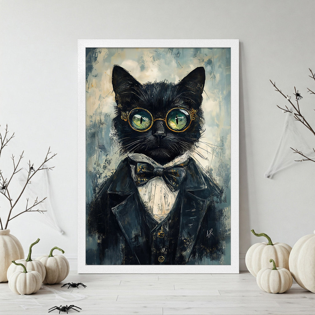 Framed Poster featuring a dapper cat in a suit, artistic style, with a cool blue and gold color palette. Perfect wall art!