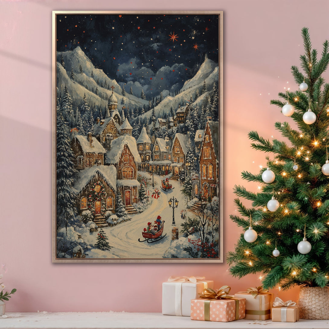 Framed Wall Art: Winter village scene canvas print in a cozy interior. Features a snowy landscape, warm hues, and a festive Christmas aesthetic.