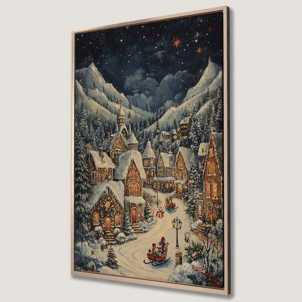 Framed Wall Art: Winter village scene Canvas Print with a warm color palette, depicting a snowy landscape and cozy homes, perfect for holiday decor.