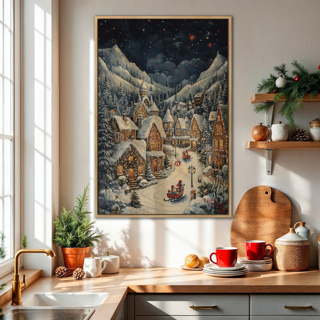 Framed Wall Art: Winter village scene in a cozy kitchen. Charming artwork with a snowy landscape, warm colors, and a festive holiday vibe. Perfect for seasonal decor!