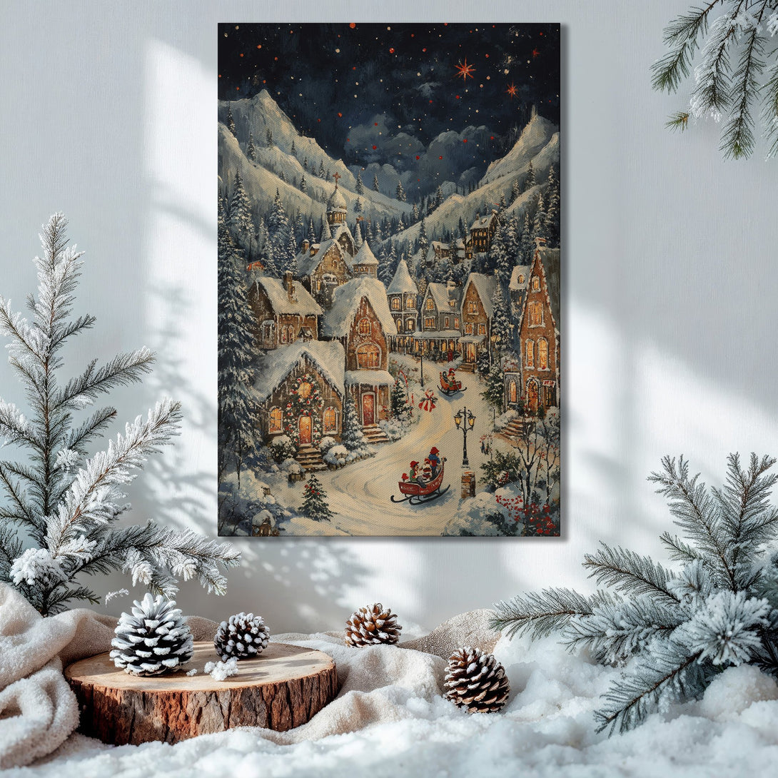 Framed Wall Art: Winter village scene canvas print with a warm color palette, perfect for holiday decor. Cozy and inviting!