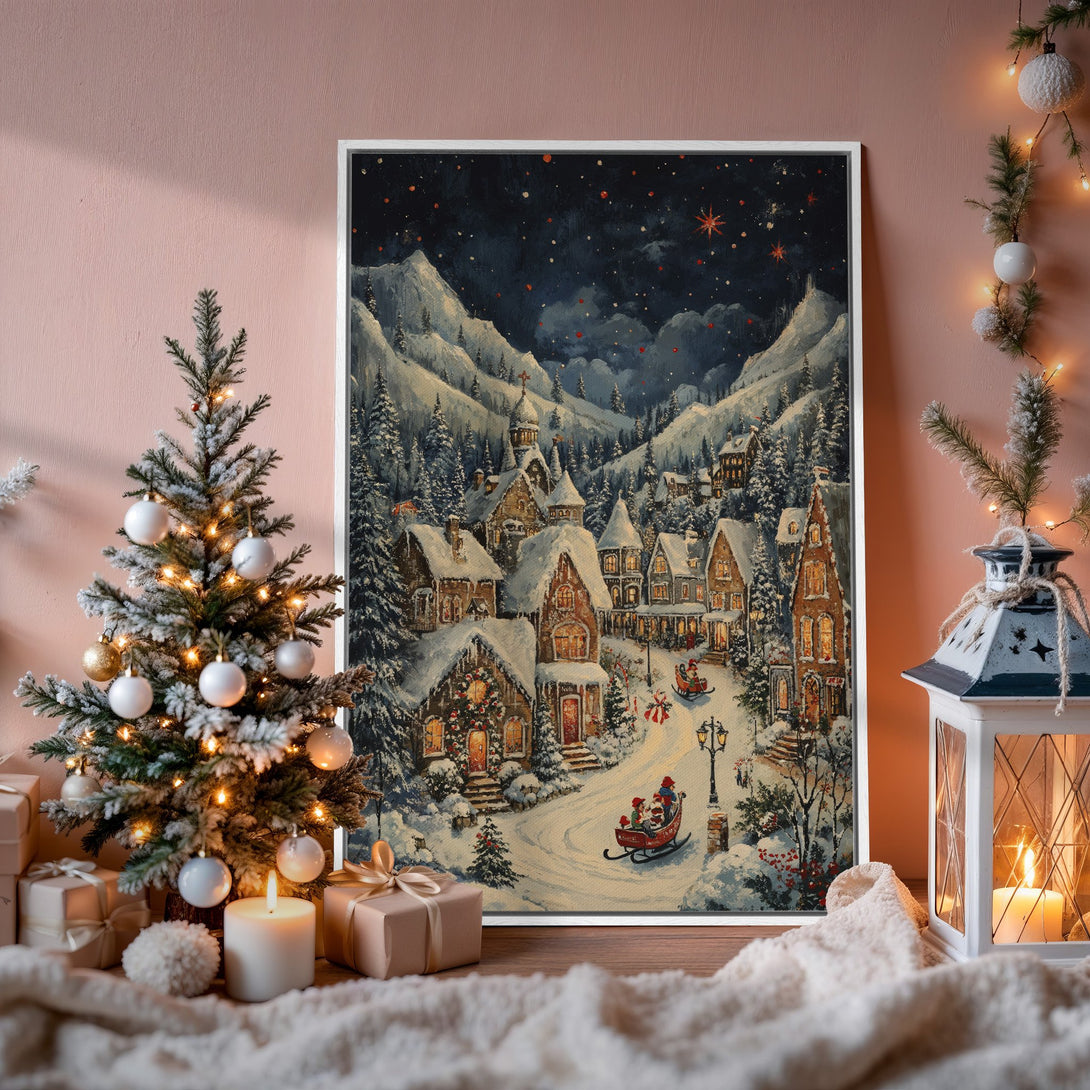 Framed Wall Art: Winter village scene in a cozy interior. Painting style with a blue, white, and warm color palette. Perfect for holiday decor.