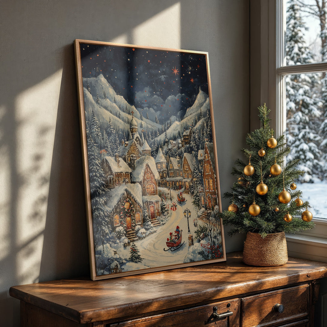 Framed Wall Art: Cozy winter village scene in a vintage style, featuring a snowy landscape with a warm, inviting color palette. Perfect for holiday decor!