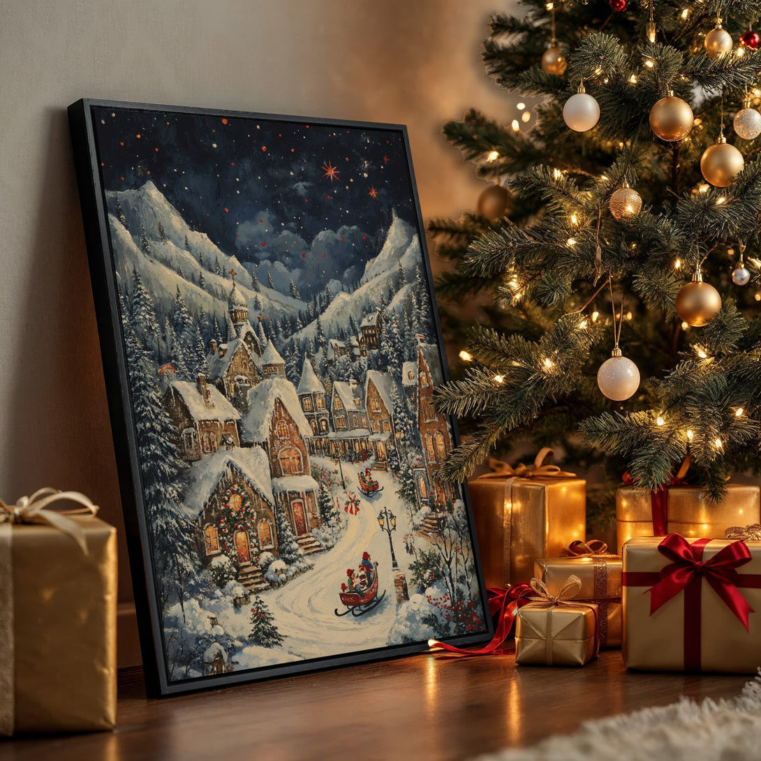 Framed Wall Art: Winter village scene in a cozy, painterly style with a blue, white, and warm color palette. Perfect holiday decor!