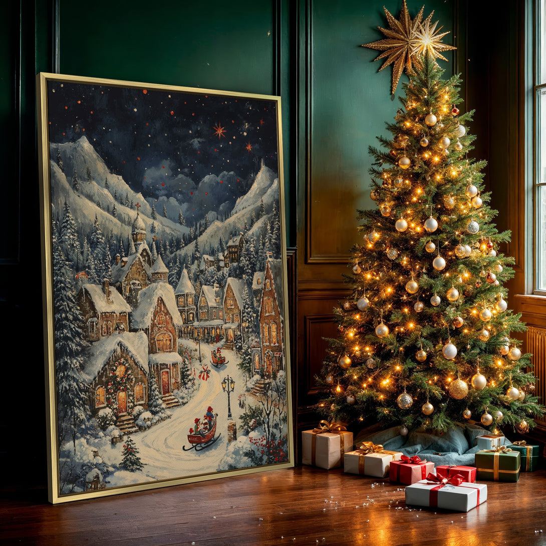 Canvas Print of a snowy Christmas village scene. Warm, inviting painting style with a blue, brown, and white color palette. Perfect holiday wall art.