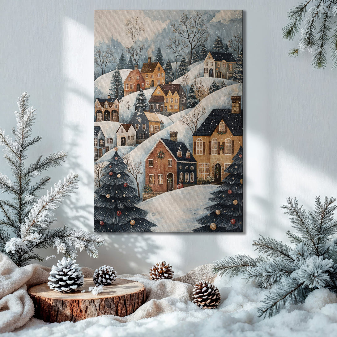 Framed Wall Art: Winter village scene in watercolor style. Warm color palette with blues, browns, and whites. Perfect for holiday decor.