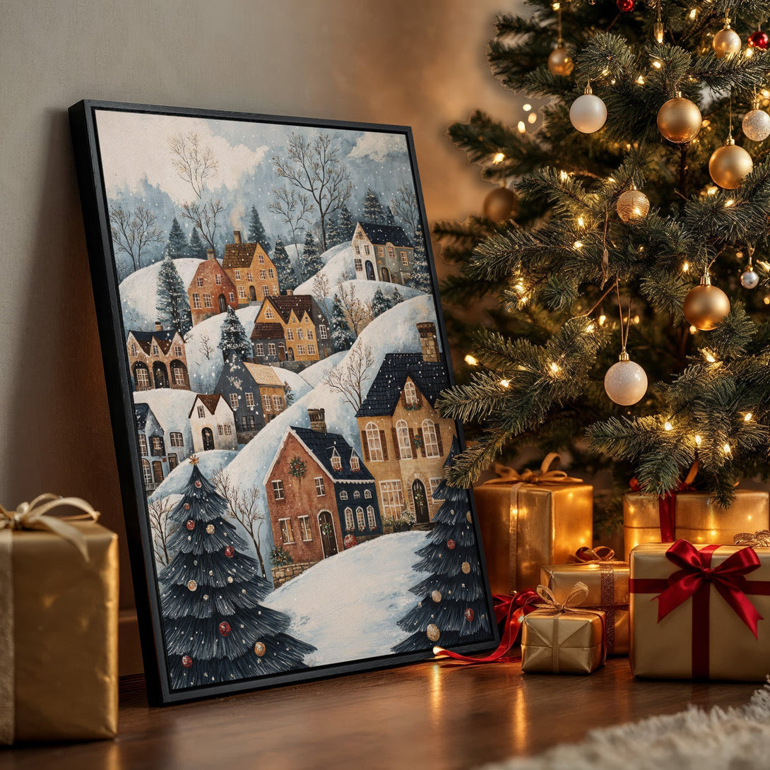 Framed Wall Art: Winter village scene in watercolor style, featuring snow-covered houses. Warm, inviting color palette with blues, browns, and whites. Perfect for holiday decor.