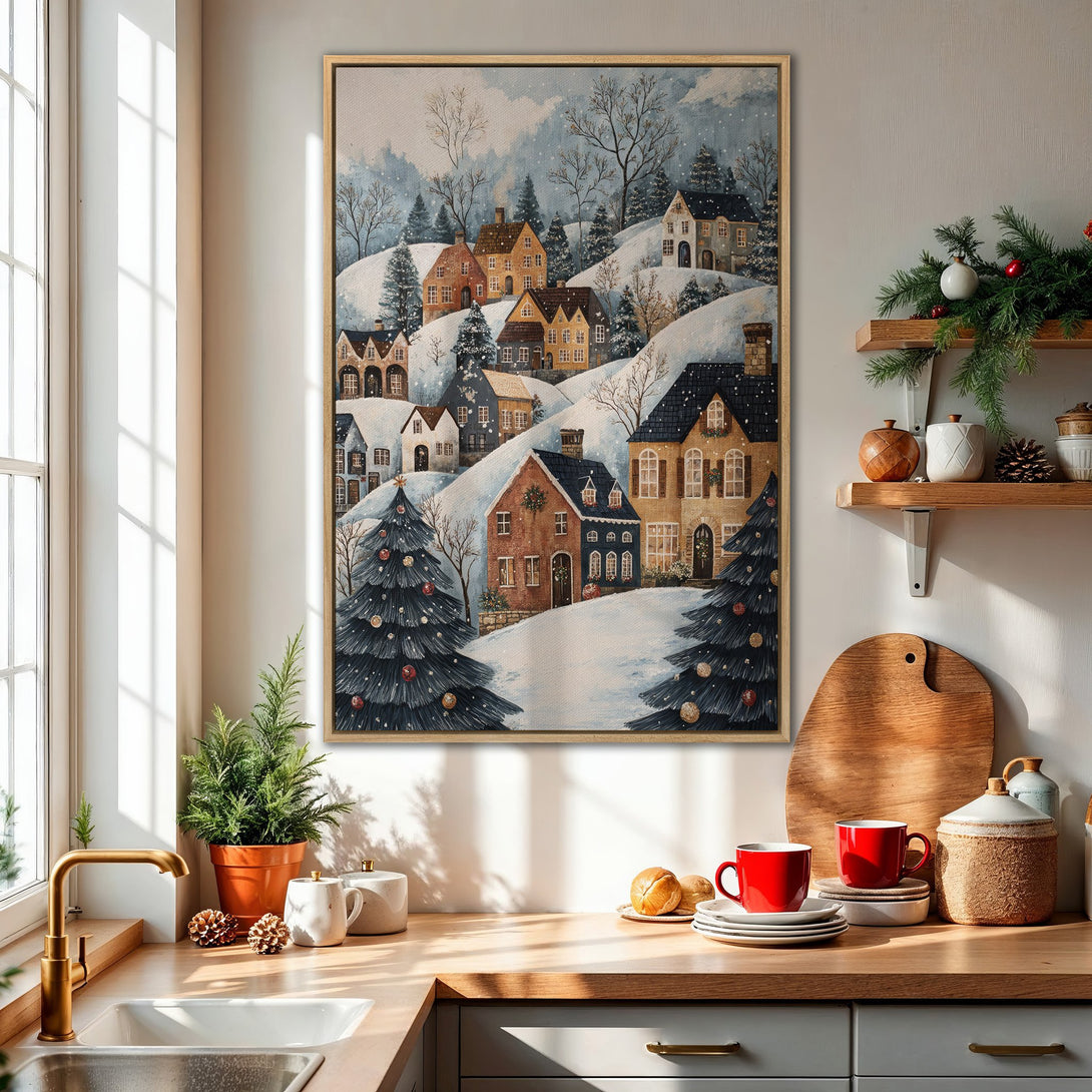 Framed Wall Art: Charming winter village scene in watercolor style, featuring snow-covered hills and cozy homes. Warm, inviting color palette perfect for holiday decor.