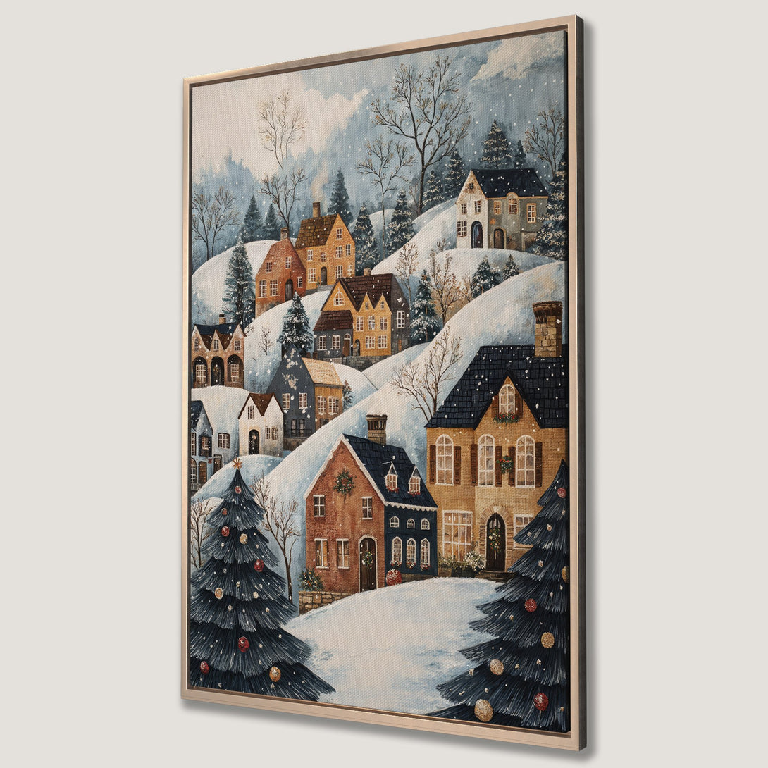 Framed Wall Art: Winter village scene Canvas Print. Cozy watercolor painting with snow-covered houses, trees, and a warm color palette. Perfect holiday decor!