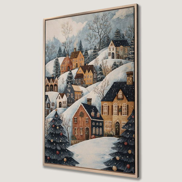 Framed Wall Art: Winter village scene Canvas Print. Cozy watercolor painting with snow-covered houses, trees, and a warm color palette. Perfect holiday decor!