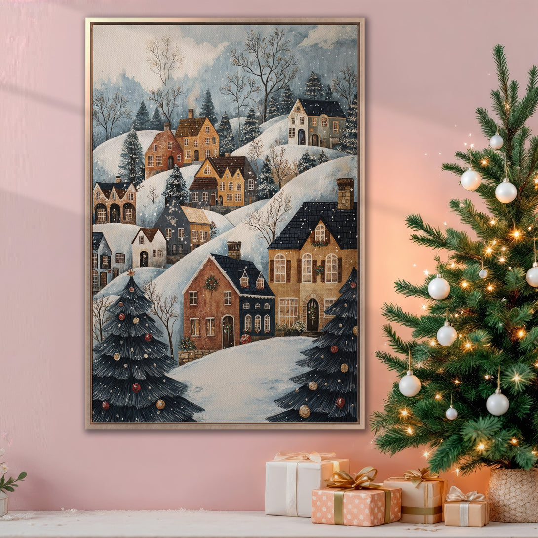 Framed Wall Art: Winter village scene in warm, inviting colors. Cozy landscape Canvas Print with snow-covered houses, perfect for holiday decor.