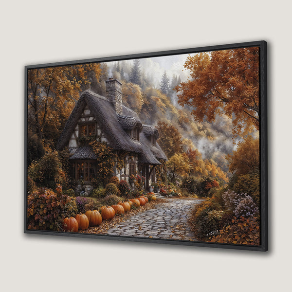 Framed Wall Art: Cozy cottage scene in autumn colors. Rustic landscape Canvas Print with warm orange, brown, and gold tones, perfect for fall decor.