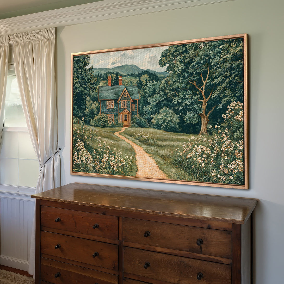 Framed Wall Art: Scenic landscape Canvas Print with a charming house, green and neutral color palette, perfect for adding a touch of nature to your home.
