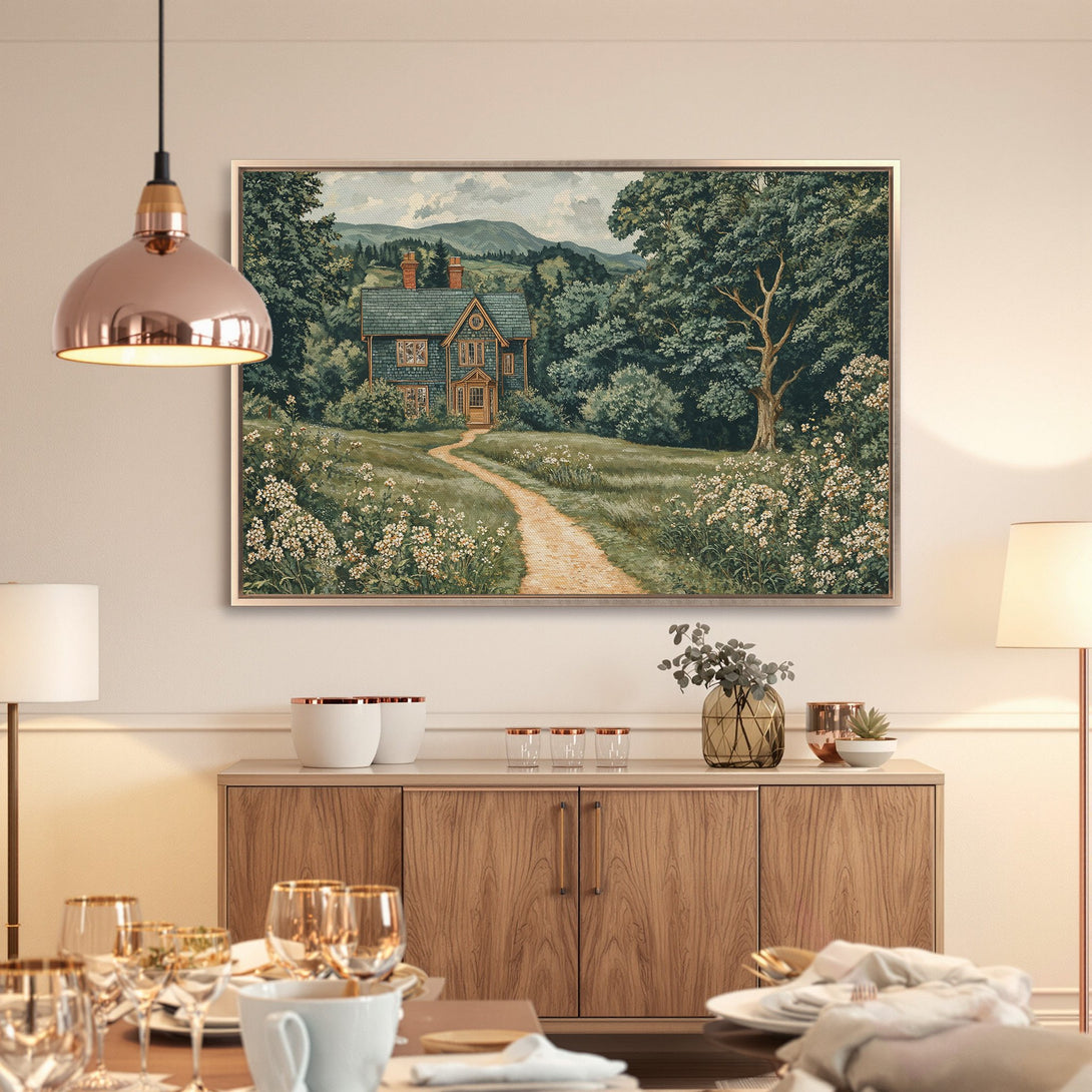 Framed Wall Art featuring a charming house in a landscape. Classic style with a green, brown, and neutral color palette. Perfect for home decor.
