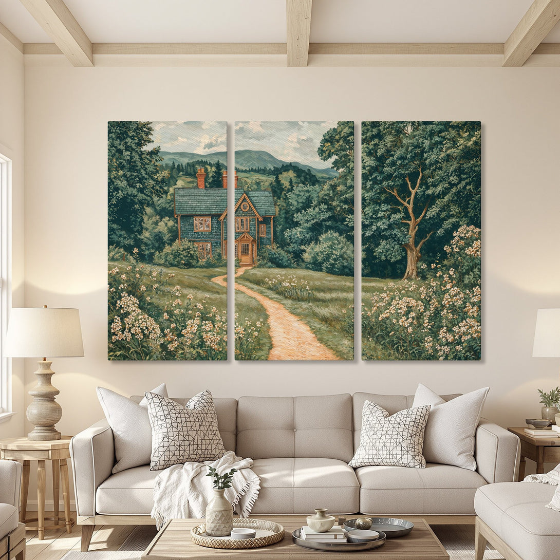 Canvas Print of a scenic house landscape in a vintage style, featuring a green and beige color palette, perfect for home decor.