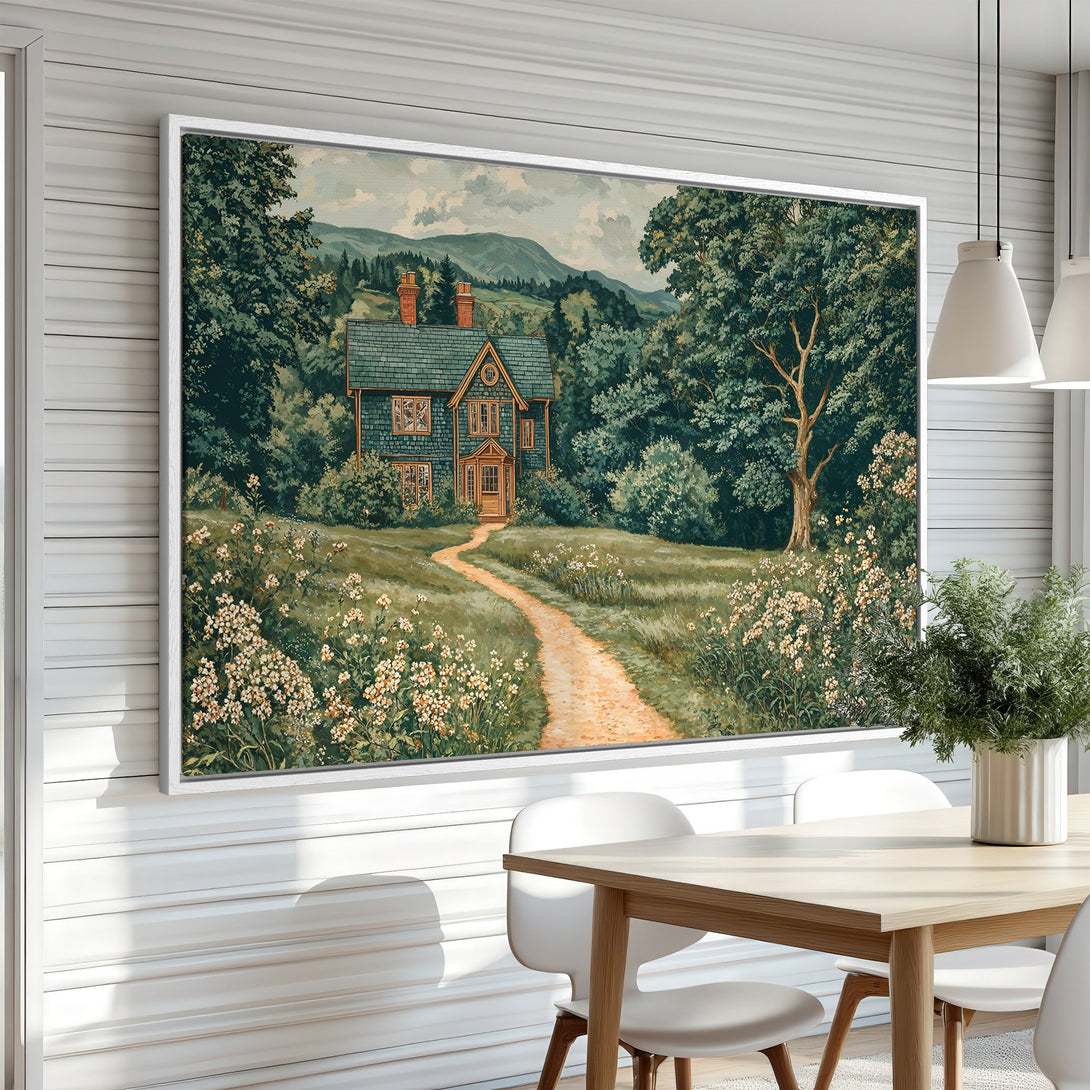 Framed Wall Art Canvas Print: Scenic landscape painting of a house in a forest, featuring green, brown, and beige tones. Perfect for home decor.