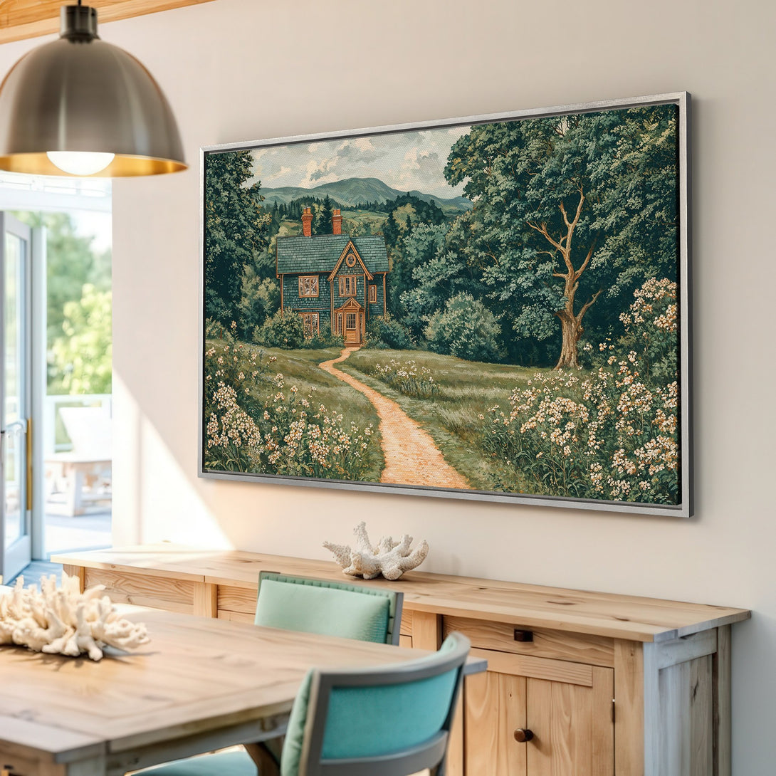 Framed Wall Art: Vintage landscape Canvas Print with a house and path, showcasing a green and beige color palette. Perfect for adding charm to your home.