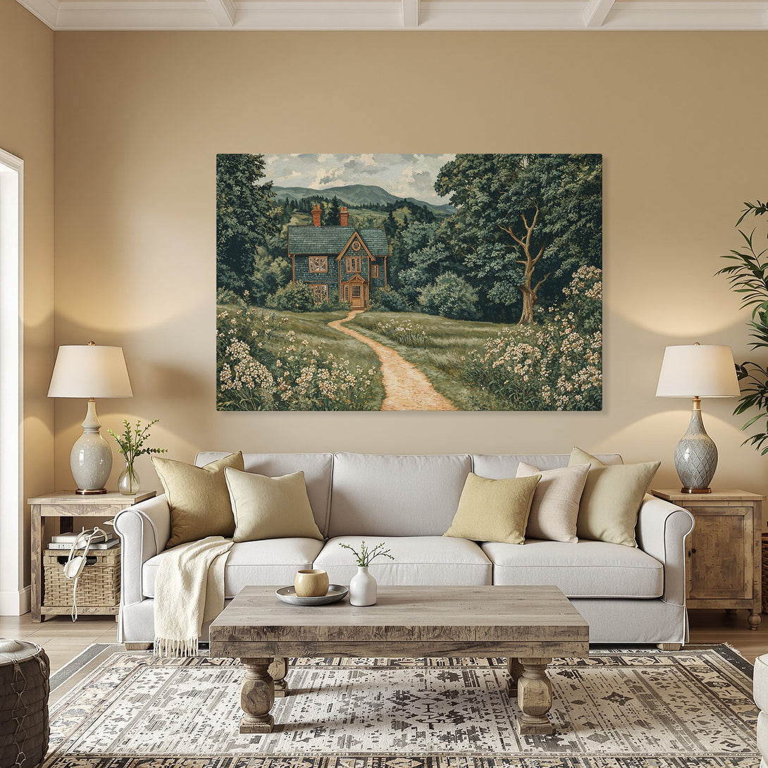 Framed Wall Art: Landscape Canvas Print of a house in a forest, with a green and brown color palette. Perfect for adding a touch of nature to your home.