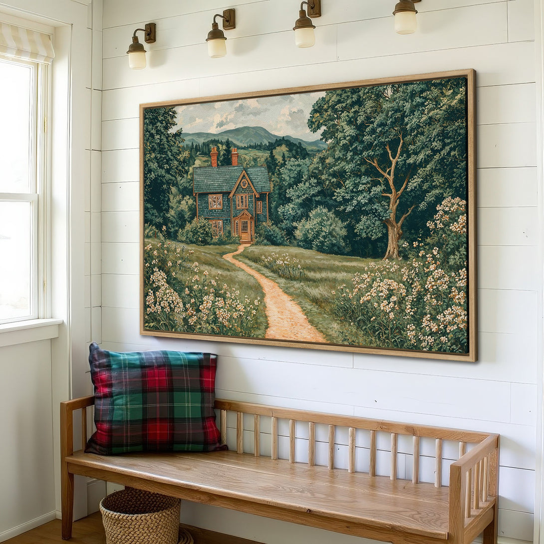 Framed Wall Art: Landscape Canvas Print in a rustic interior. Features a scenic house painting with green, brown, and neutral tones. Perfect for farmhouse decor.