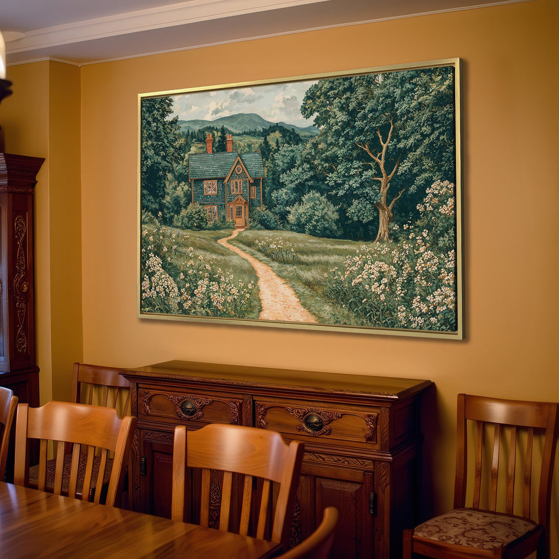 Canvas Print of a charming house in a serene landscape, featuring a vintage style and a calming green and beige color palette.