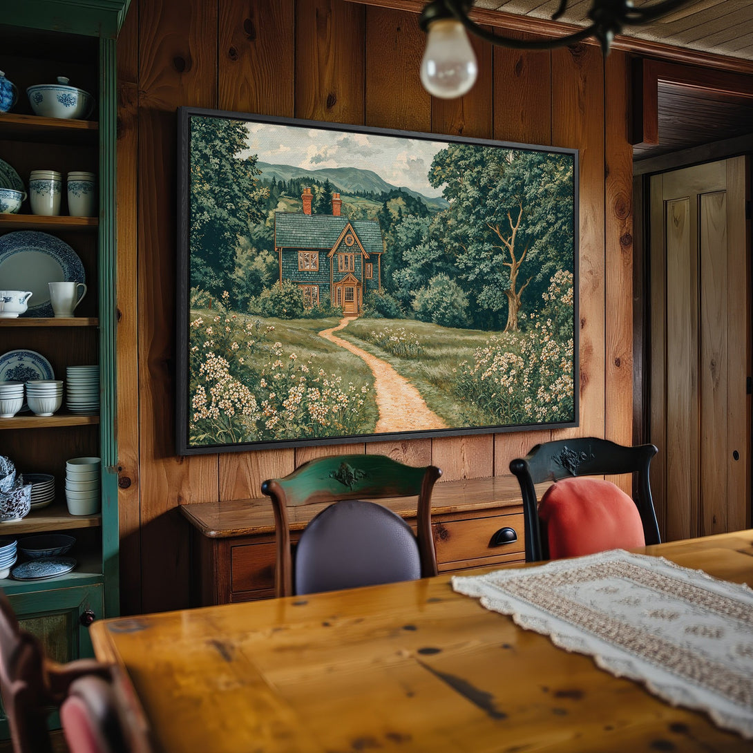 Framed Wall Art: Scenic landscape canvas print in a rustic interior. Features a house with a path, green, brown, and white color palette.