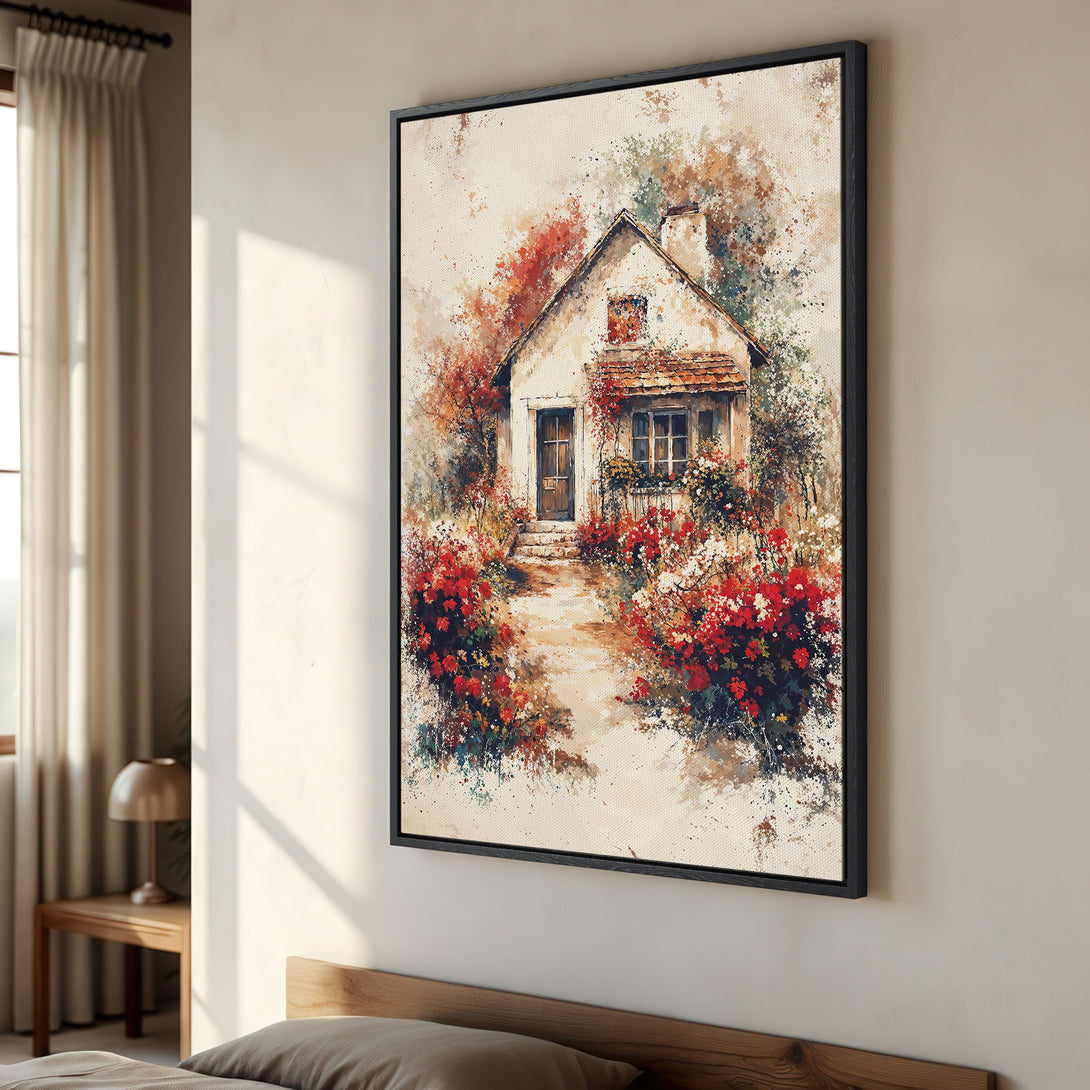 Framed Wall Art: Watercolor cottage scene with vibrant red flowers. Warm, inviting color palette perfect for any home. Shop now!