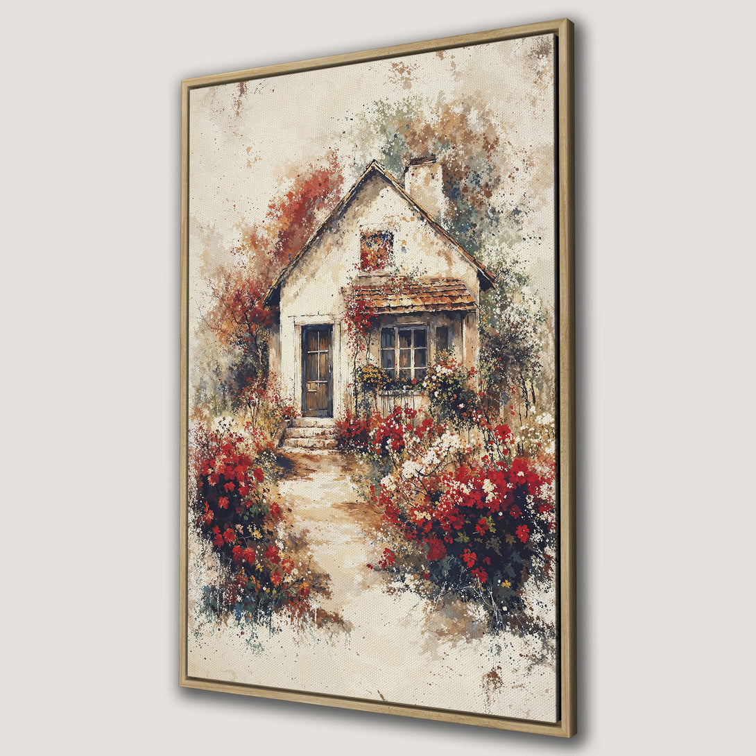 Framed Wall Art Canvas Print of a charming cottage with vibrant red flowers, painted in a watercolor style. Warm, inviting color palette.