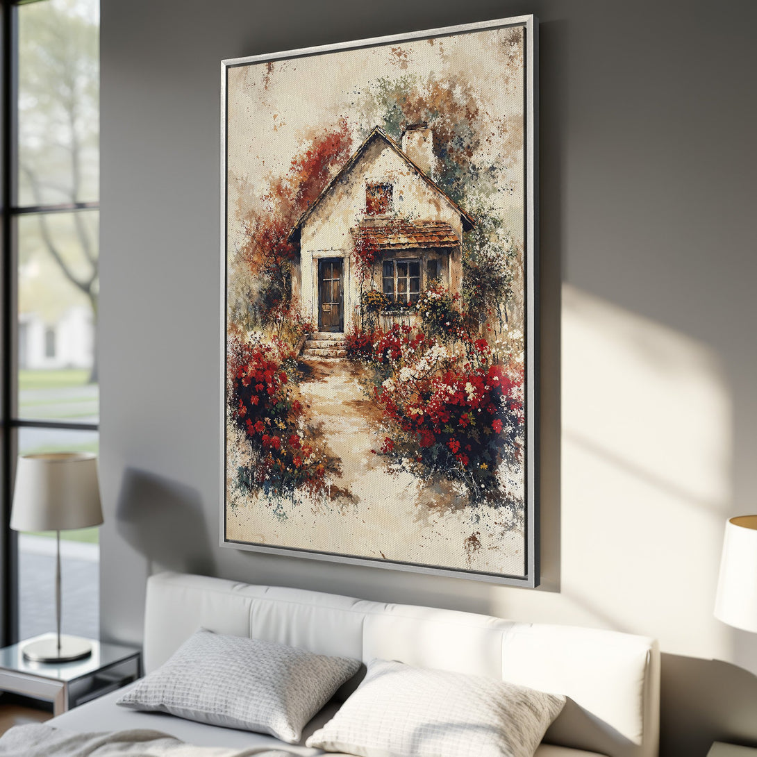 Framed Wall Art: Watercolor painting of a charming cottage with red flowers. Warm, inviting color palette perfect for bedroom decor.