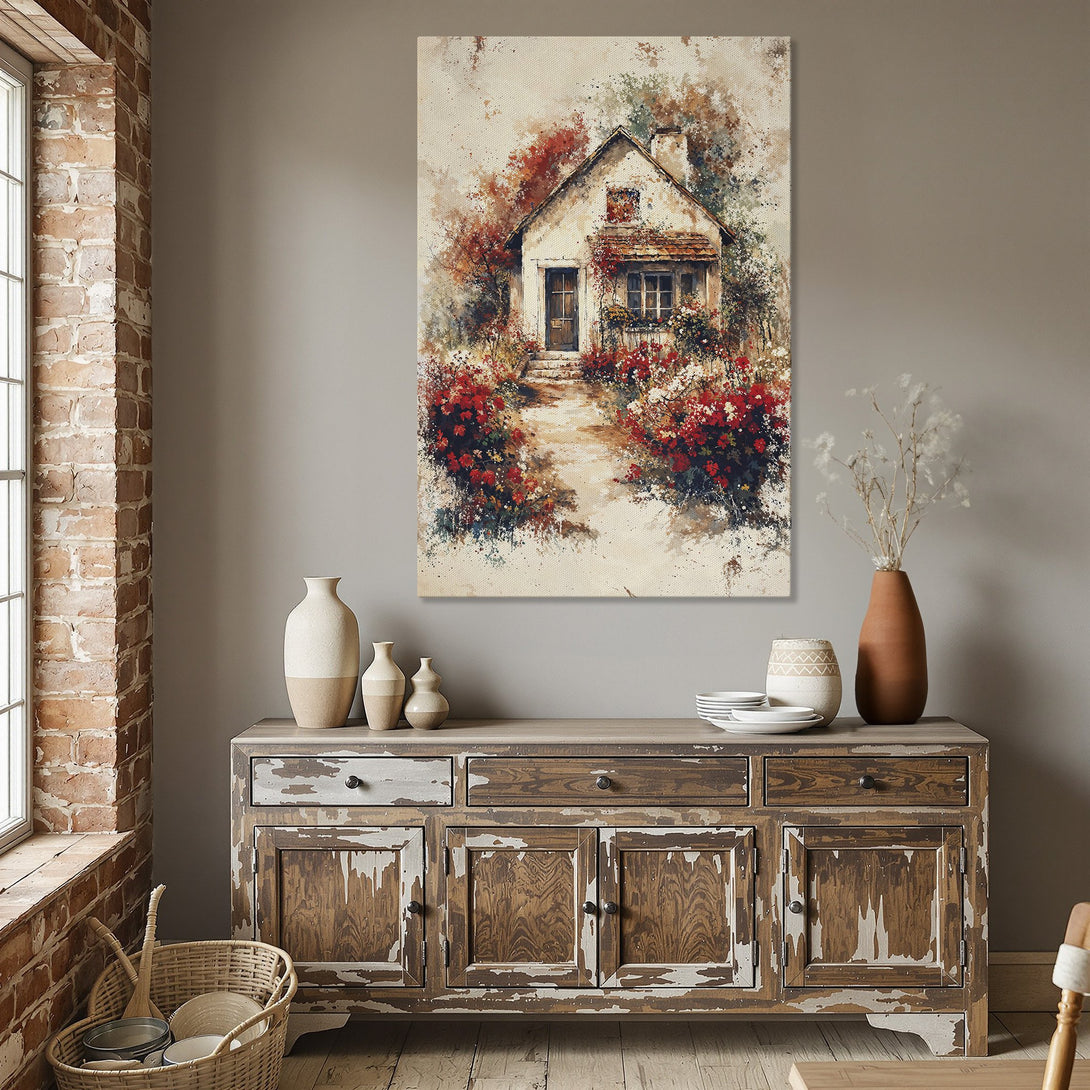 Framed Wall Art: Watercolor cottage scene with red flowers, warm tones. Perfect for adding a touch of rustic charm to your dining room.