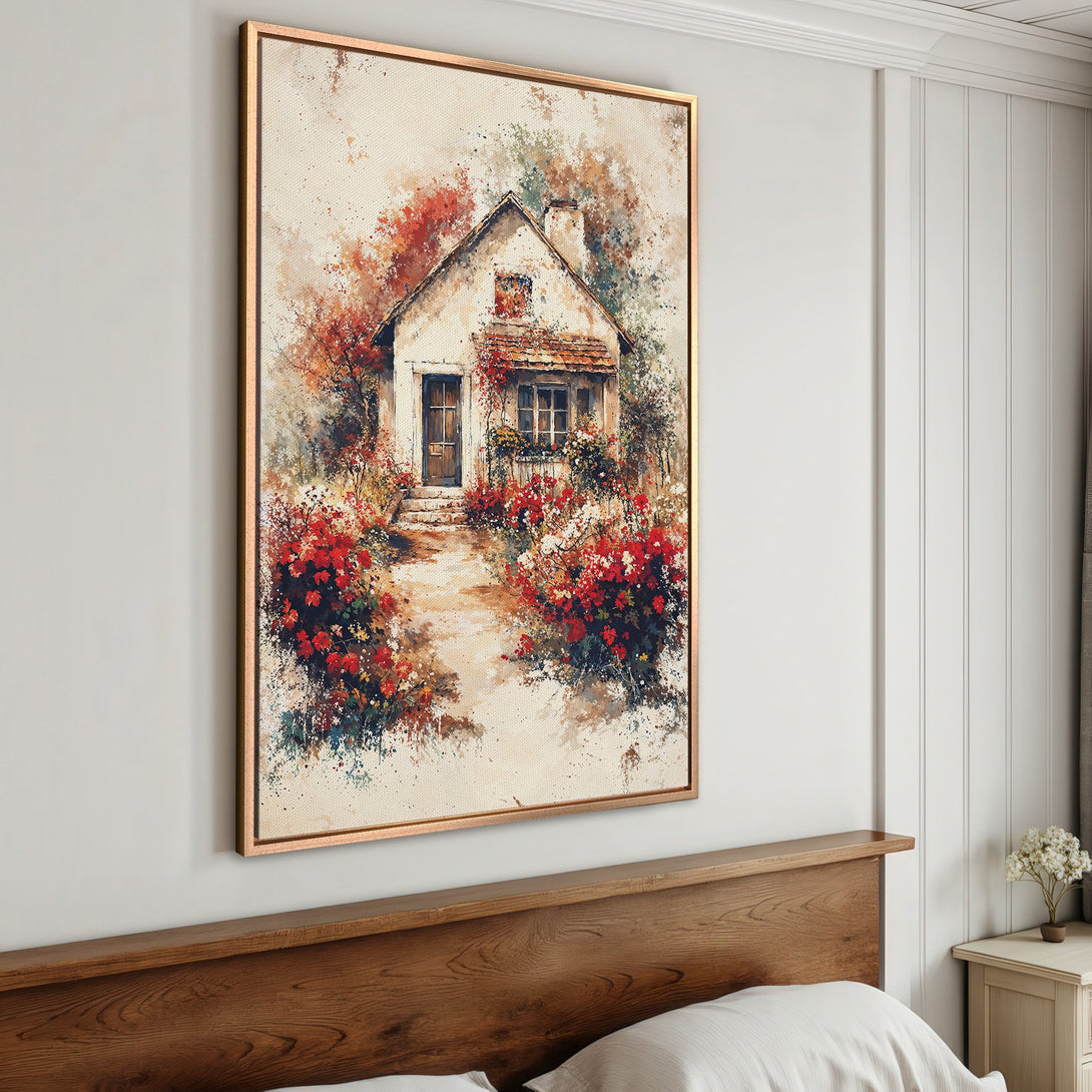 Framed Wall Art of a charming cottage in watercolor style. Warm color palette with reds, oranges, and greens. Perfect for adding cozy art to your home.