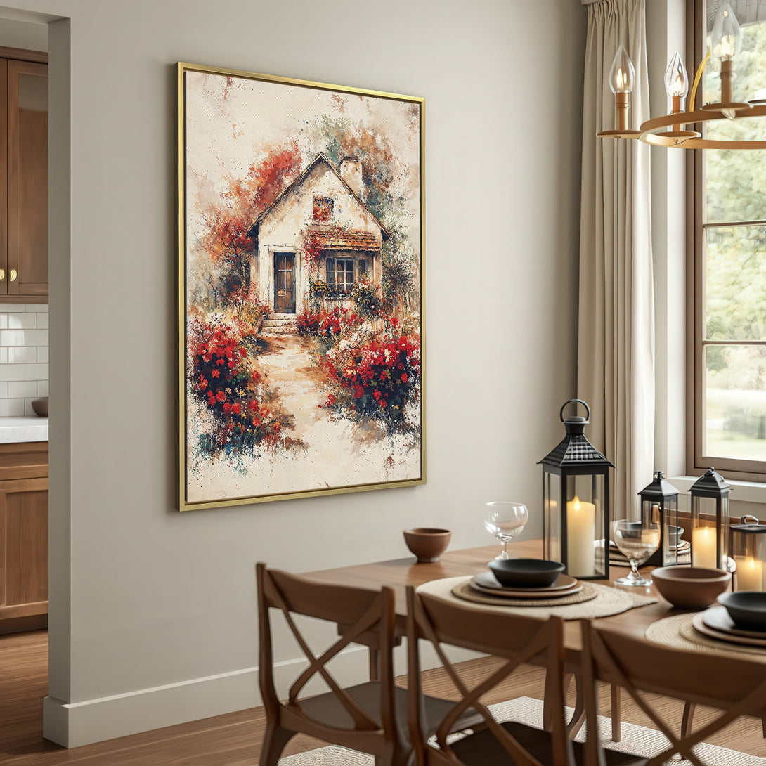 Canvas Print of a charming cottage with a red and beige color palette, perfect for adding warmth to your home decor.