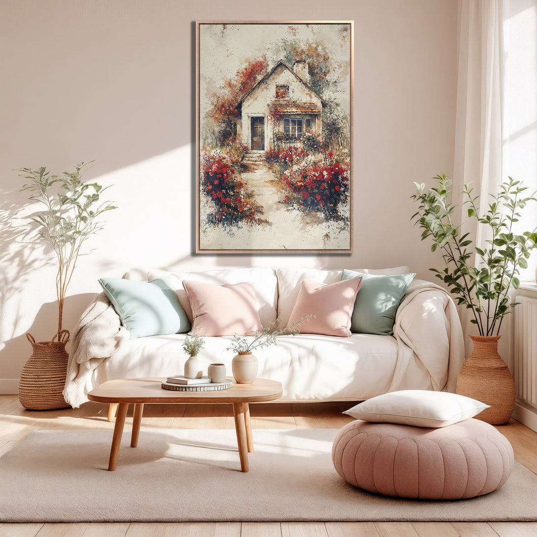 Framed Wall Art of a cottage with red flowers, in a watercolor style. Soft pink and neutral color palette, perfect for a cozy living room.