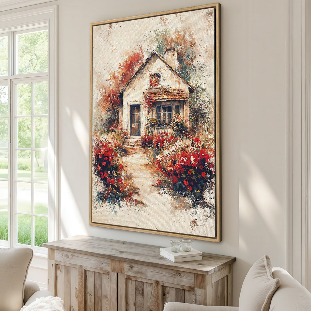 Framed Wall Art featuring a charming watercolor cottage scene. Warm red, orange, and cream color palette. Perfect for adding a touch of rustic elegance to your home decor.