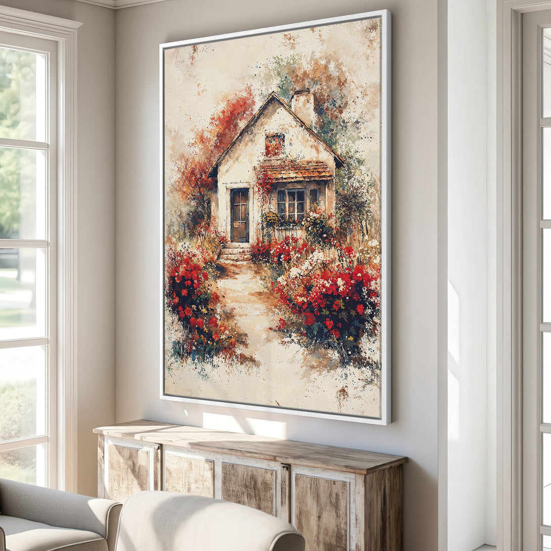 Framed Wall Art: Watercolor painting of a charming cottage with vibrant red flowers. Warm, inviting color palette. Perfect for adding a touch of art to your home.