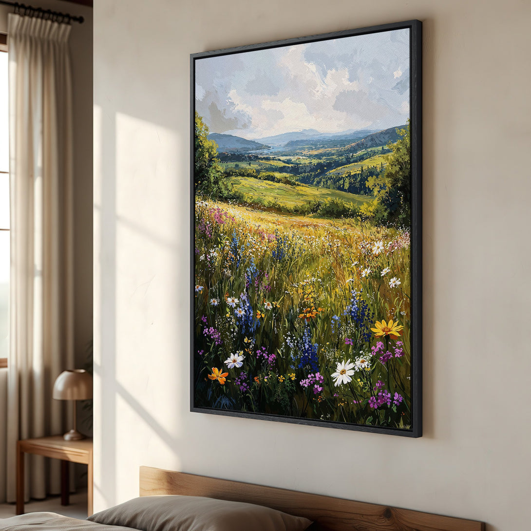 Framed Wall Art: Vibrant landscape canvas print with wildflowers in a bedroom. Features a colorful palette of greens, blues, yellows, and purples. Perfect home decor.