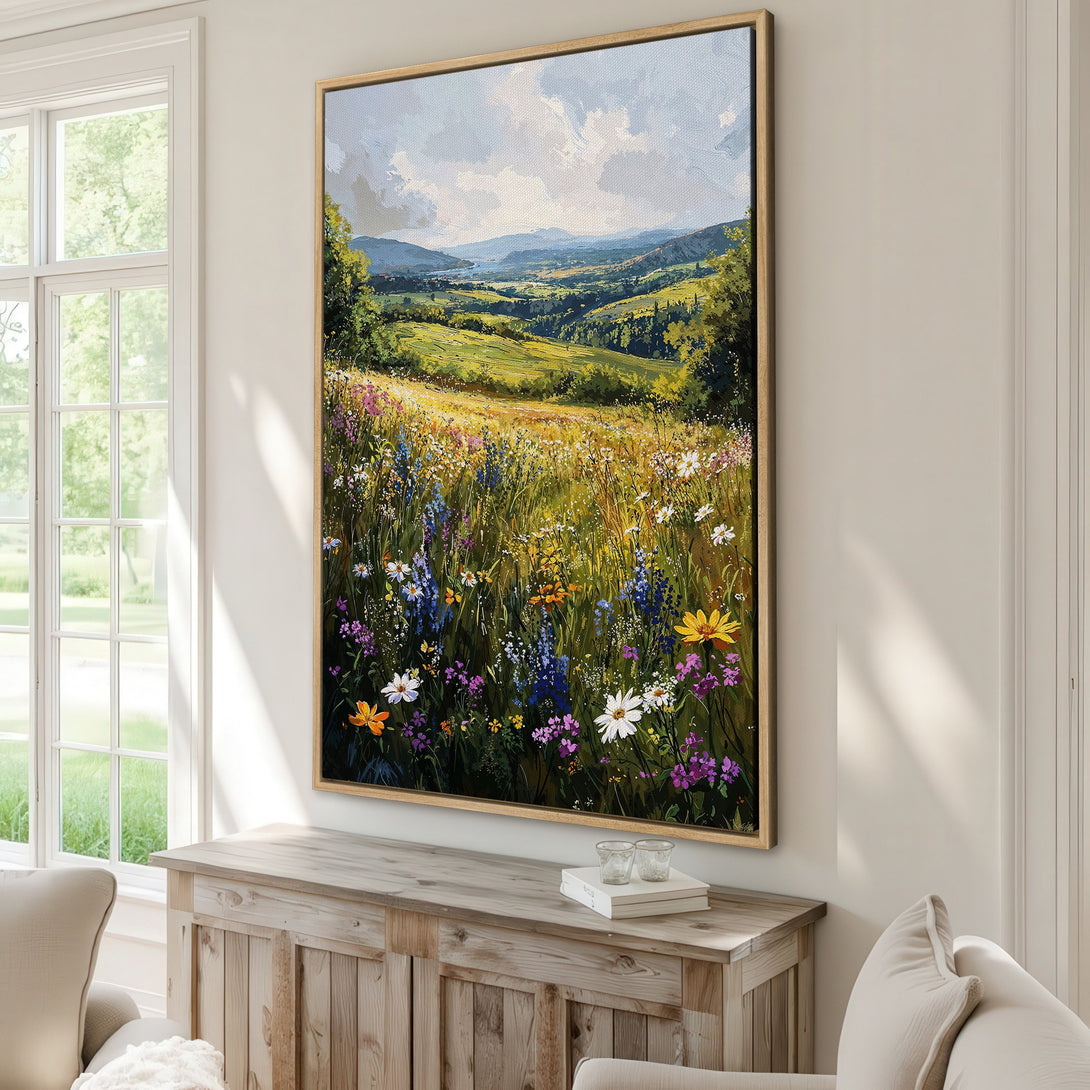 Framed Wall Art: Impressionist landscape Canvas Print with a vibrant meadow scene. Featuring colorful wildflowers and a warm, natural color palette. Perfect for any home!
