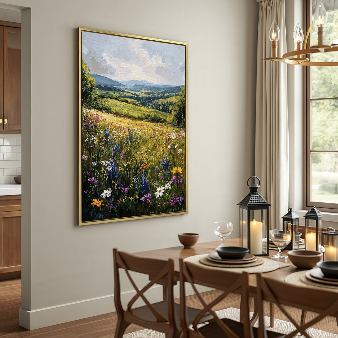 Canvas Print of a vibrant landscape painting. Features a wildflower meadow with a green, yellow, and blue color palette. Perfect wall art for any home.