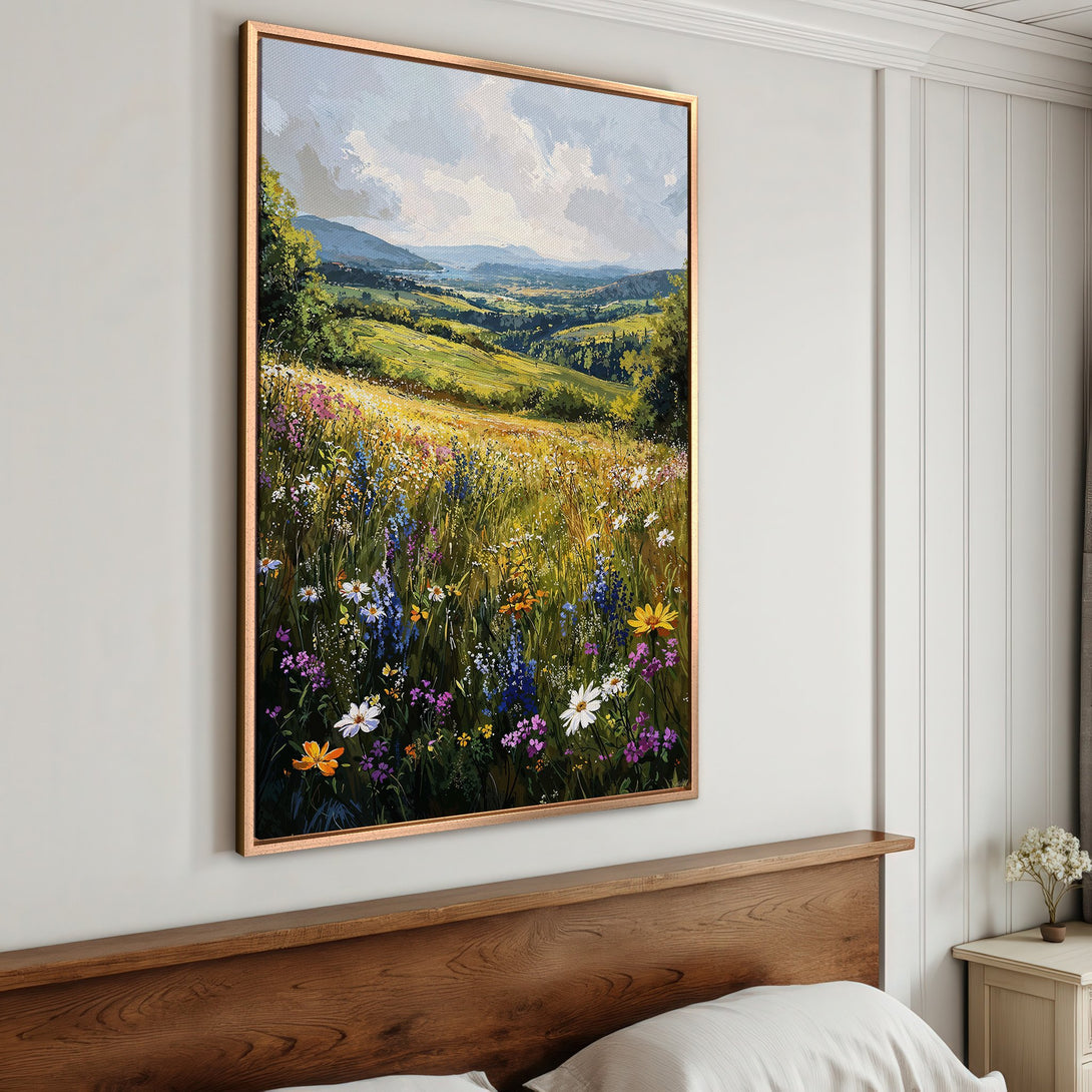 Framed Wall Art: Impressionist landscape Canvas Print with vibrant wildflowers. Earthy tones and a dreamy, natural style to brighten any room.