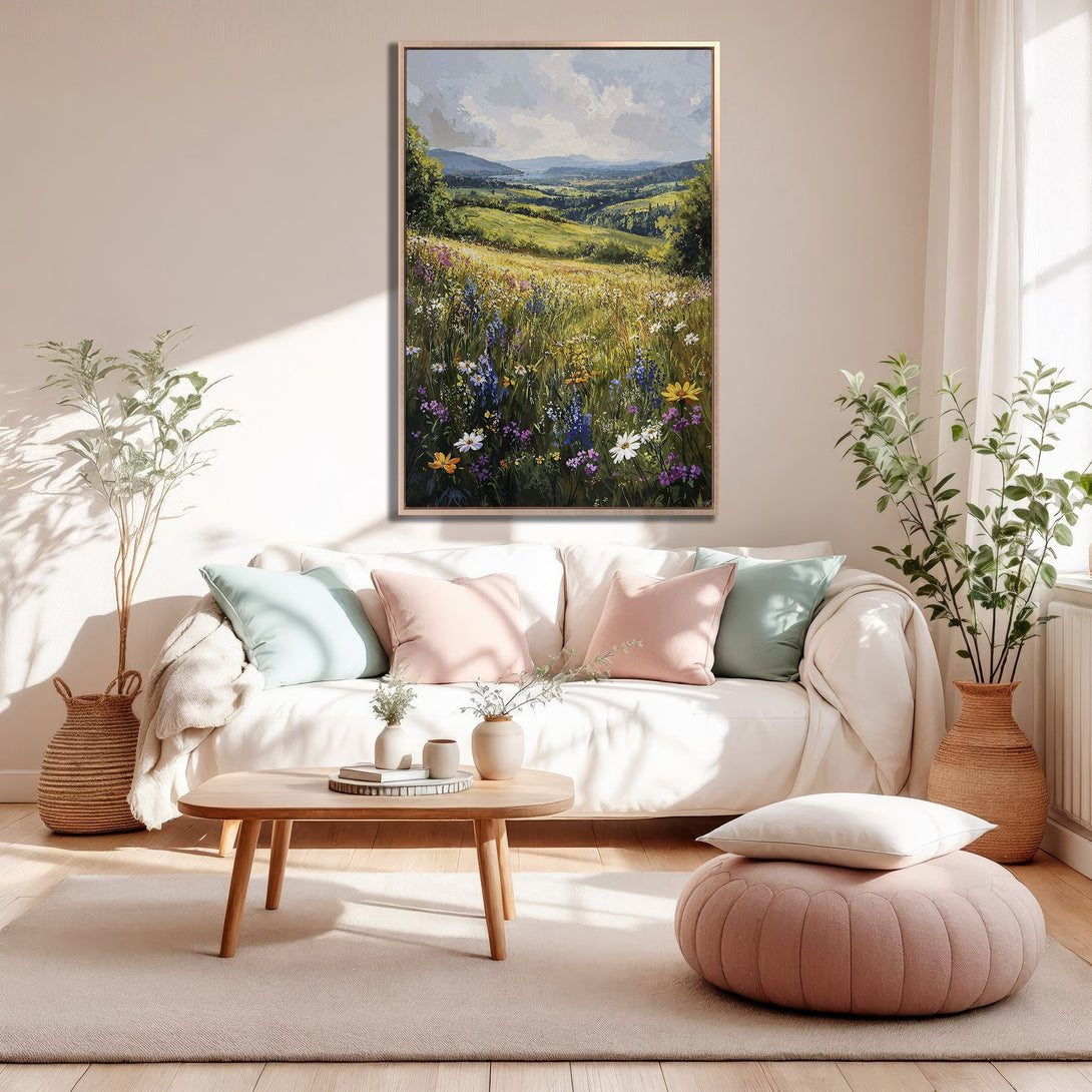 Framed Wall Art of a vibrant landscape painting. Impressionistic style with a warm color palette of greens, blues, and yellows. Perfect for home decor.
