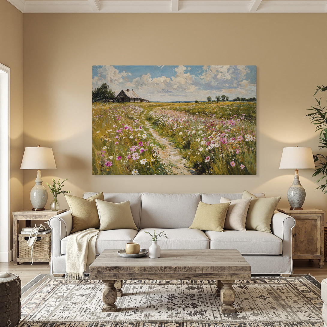 Framed Wall Art: Landscape Canvas Print of a field with a path, featuring a blue sky and colorful wildflowers. Warm tones and classic style.