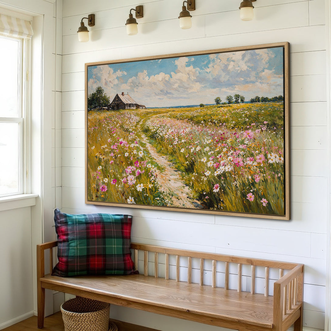 Framed Wall Art: Impressionist landscape painting of a field with wildflowers, featuring a path leading to a cabin. Warm, inviting color palette.