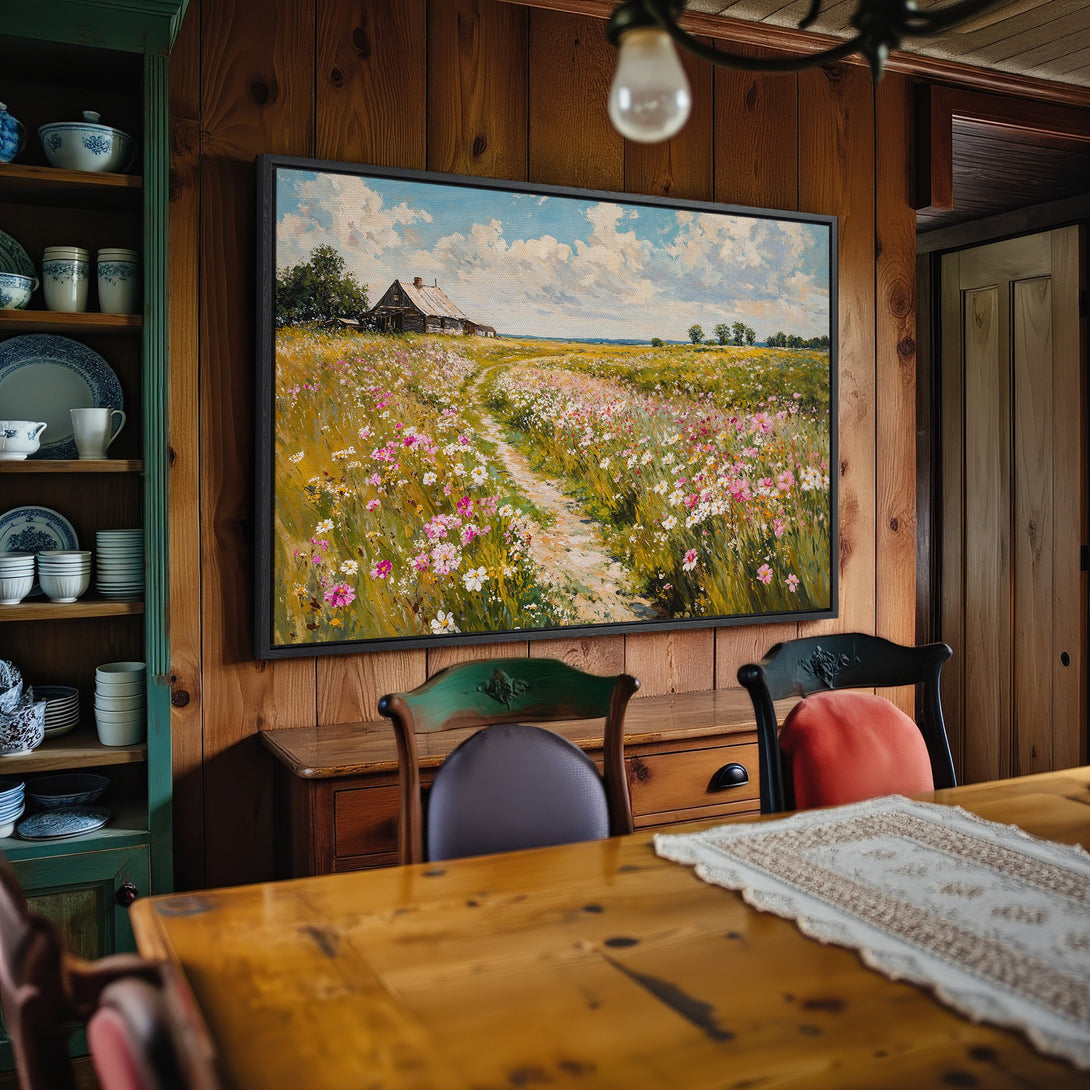 Framed Wall Art: Landscape Canvas Print with a rustic, impressionistic style. Features a field of wildflowers in a warm, natural color palette. Perfect for any home.