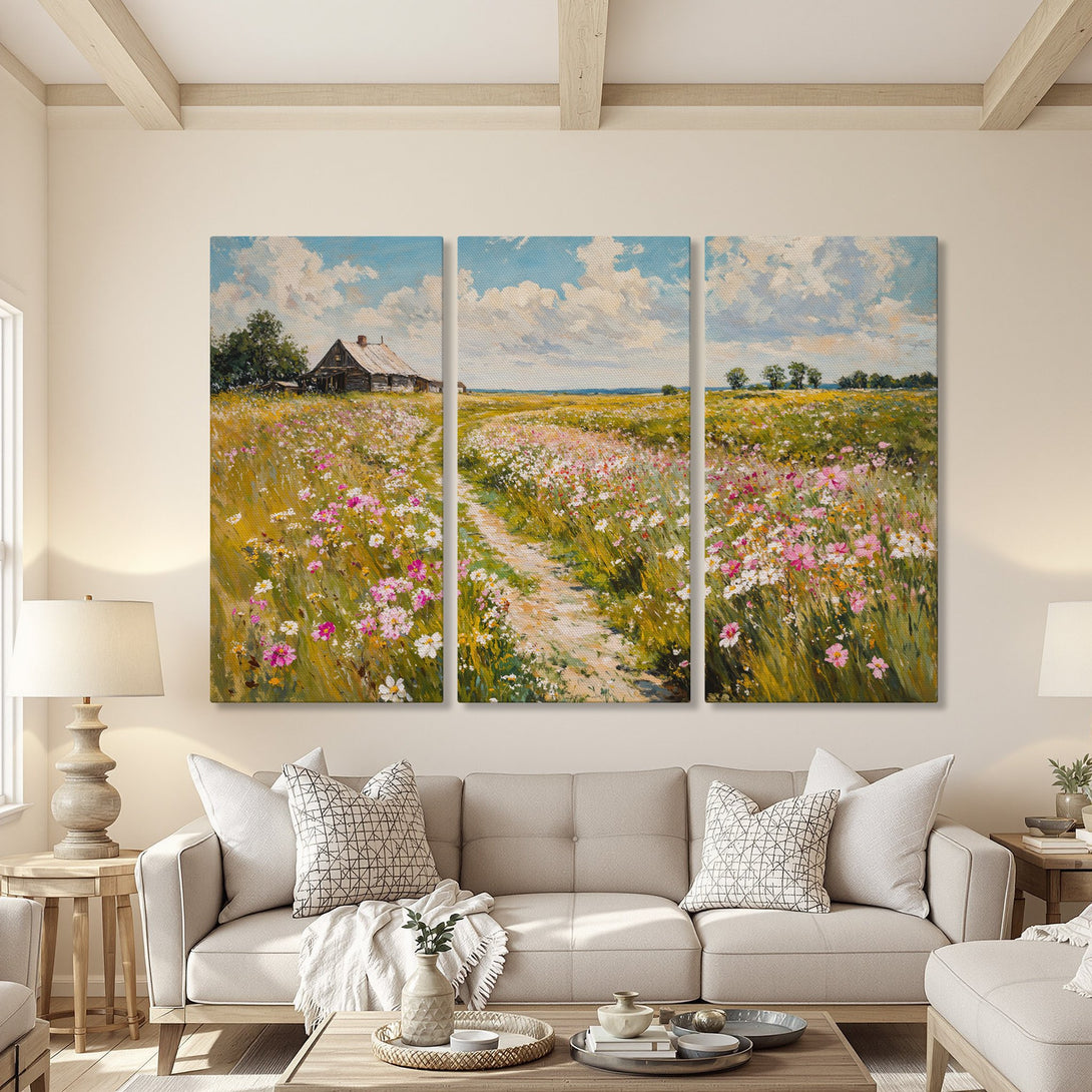Canvas Print of a serene landscape painting with a path through a field of wildflowers. Features a rustic style and a warm, inviting color palette.