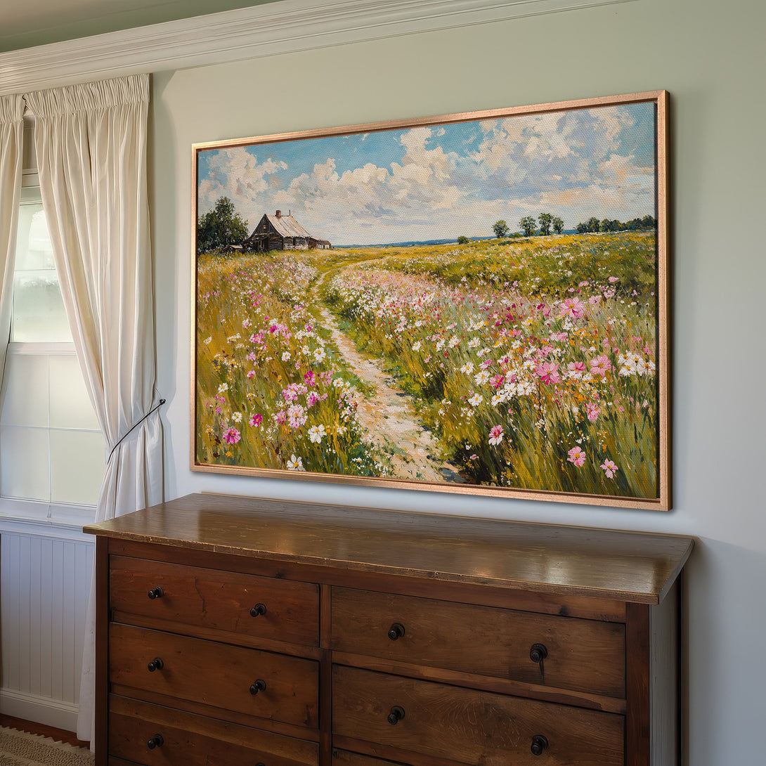 Framed Wall Art: Landscape Canvas Print with a field of wildflowers, a rustic cabin, and a warm, inviting color palette. Perfect for home decor!